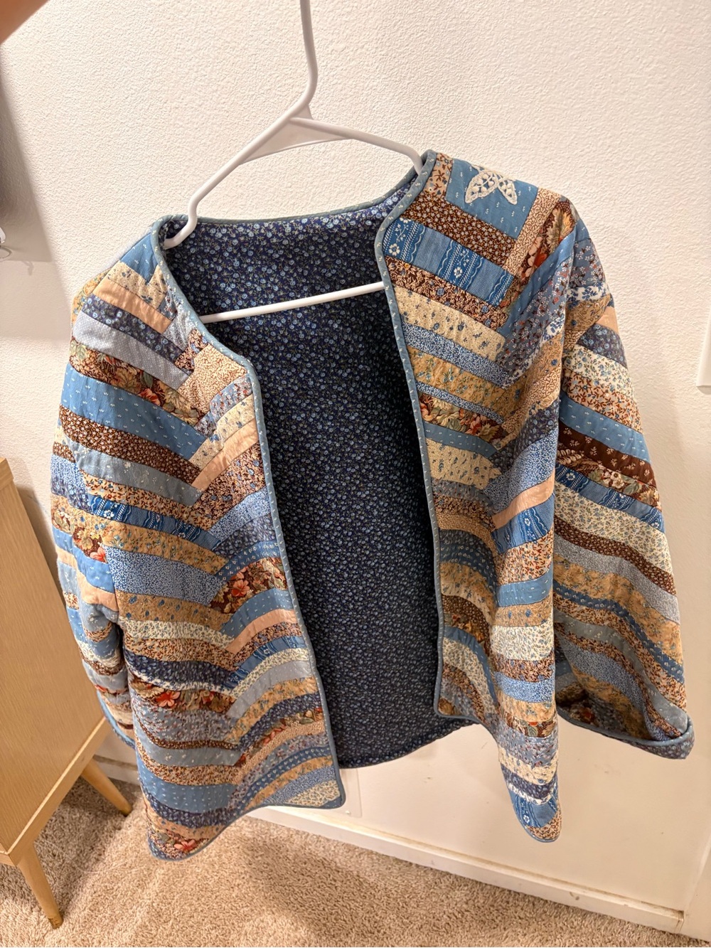 Handmade 1970s Quilted Patchwork Jacket in Blue and Tan - Women's Cozy Coat - Picture 2 of 2